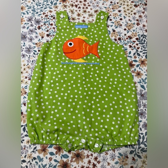 Green Polka Dot Baby Romper with Orange fish  “FISH APPLIQUÉ BUBBLE” - Picture 1 of 3